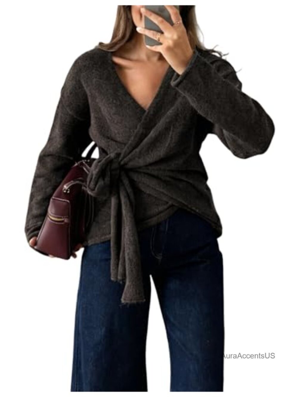 Watashi Women's Cozy Wrap Sweater Cardigan with Self Tie Belt Long Sleeve
